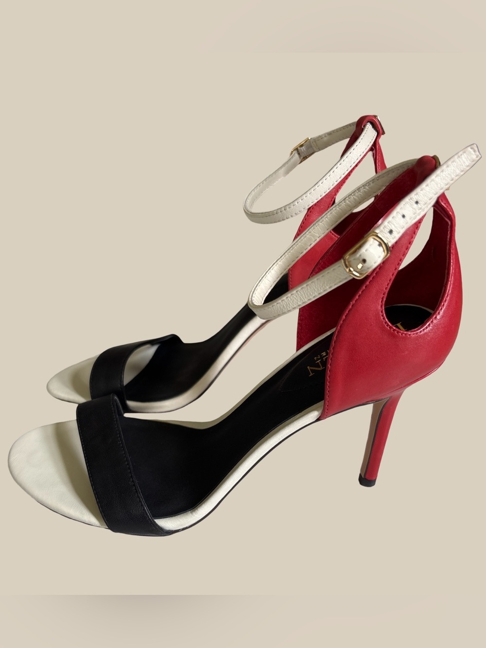 Lauren Ralph Lauren Gretchen Leather Stiletto Ankle Strap Heels Red Black White - Picture 2 of 9